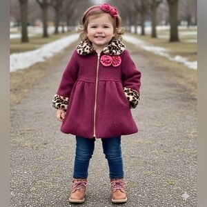 Penelope Mack Faux Fur Coat size 3T wine raspberry collar zipper leopard faux